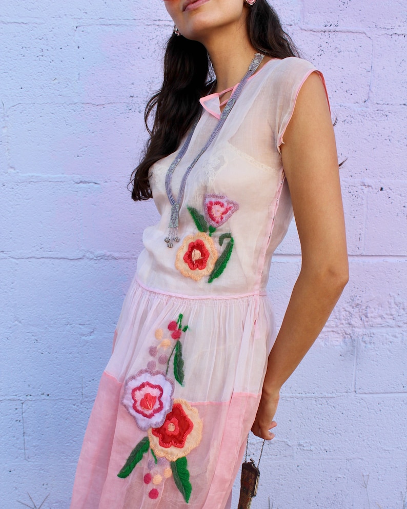 1920s Pink Organza Dream Dress with Floral Embroidery Deco Detailing image 3