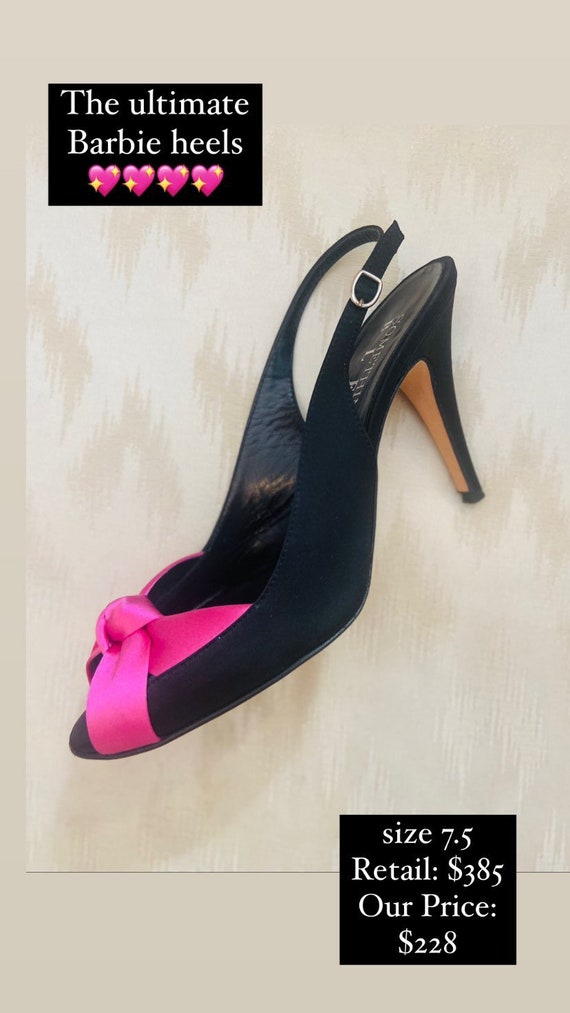 Black Satin Peep-Toe Heels with Hot Pink Satin Bow