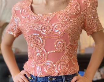 Oleg Cassini Peach Silk Short Sleeve Top with Art Deco Sequin Beaded Design