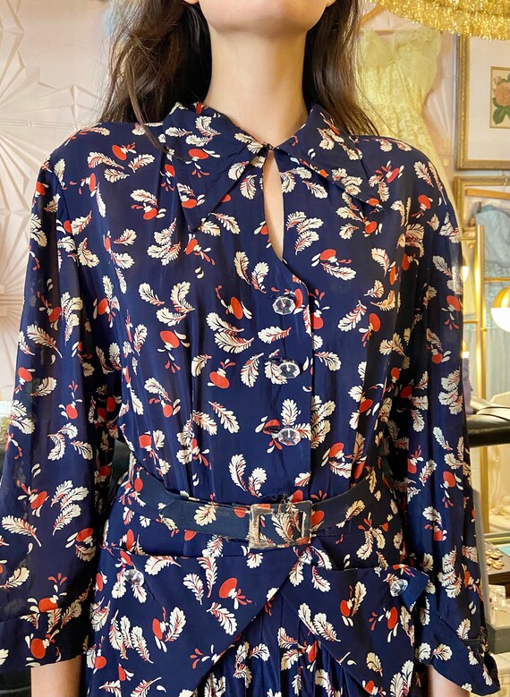 1940s Navy Cold Rayon Feather Print Dress