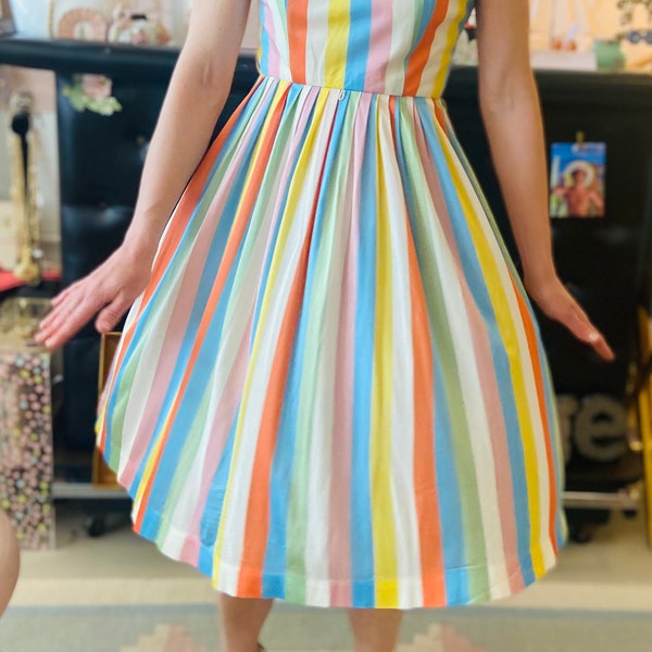 1960s Rainbow Striped Sleeveless Dress with Full Skirt - so FUN!
