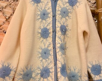 1960s Hand-Knit Cream Cardigan Sweater with Baby Blue Embroidered Flowers