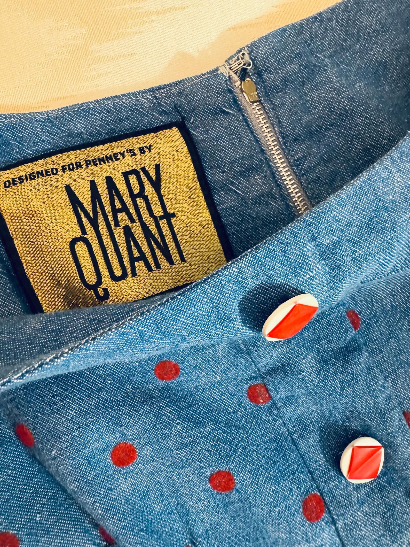 Mary Quant 1960s Mod Denim Mini Dress With Red Polka Dots + Deco ...