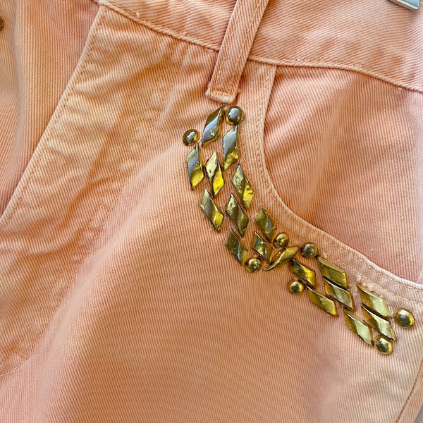 1980s Caché High Waist Peach Jeans with Gold Stud Embellishment - Rare