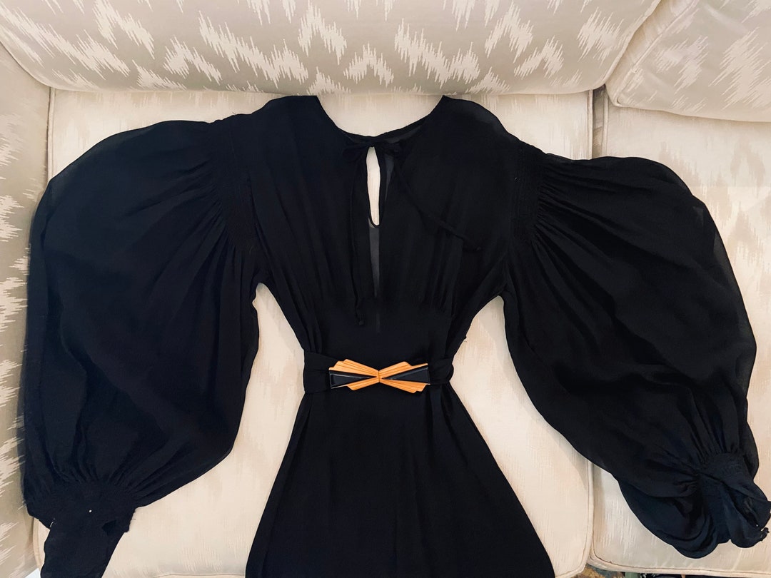 1930s Black Silk Chiffon Dress With Bishop Sleeves and Art Deco ...
