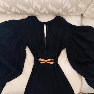 1930s Black Silk Chiffon Dress with Bishop Sleeves and Art Deco Bakelite Belt