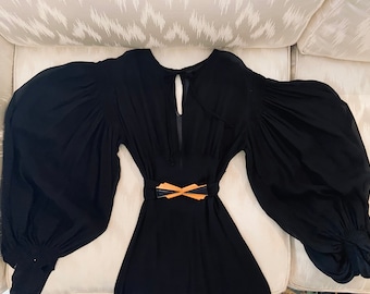 1930s Black Silk Chiffon Dress with Bishop Sleeves and Art Deco Bakelite Belt