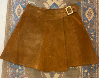 1960s Brown Suede Leather Paneled Wrap Mini Skirt with Gold Buckle