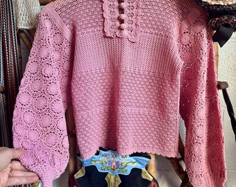 1970s Pink Cotton Crochet Knit Sweater with Full Sleeves + Button Mockneck