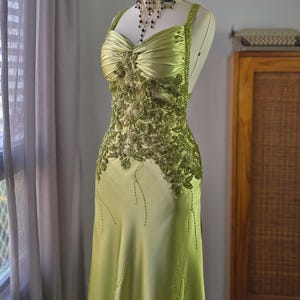 Vintage 2000s Fernando Peixoto Atelier Gown | Lime Green Satin | Hand-Embroidered Floral | Open Back with Train