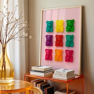 Gummy Bear Wall Art – Colorful Candy Poster, Pop Art Print, Sweet Kitchen Decor, Cute Aesthetic Room Style, Rainbow Bear Illustration