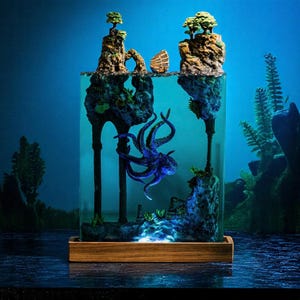 Octopus Resin Lamp: Handmade Ocean Diorama, USB Light