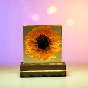 Handmade Sunflower Resin Night Light: Custom Engraved Wood Base