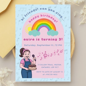 May include: A light blue birthday invitation with a rainbow, sun, and clouds design. The invitation features the text "happy birthday!" and "Avira is turning 3!" A cartoon girl holding a microphone and a cake is also featured.