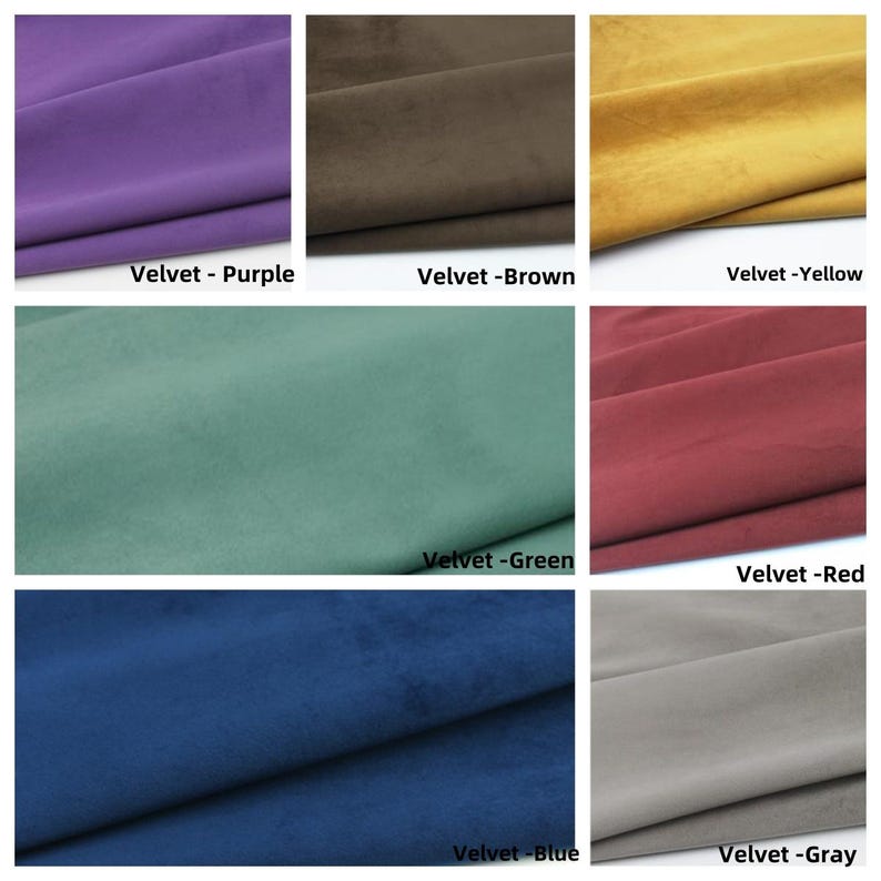 May include: A selection of velvet fabric samples in shades of purple, brown, yellow, green, red, blue, and grey. Each swatch is labelled with its colour name. The fabric has a soft, plush appearance.
