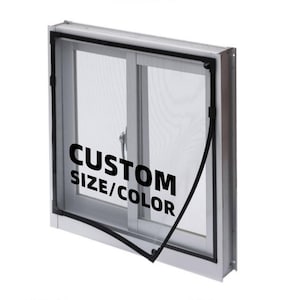 May include: A square, silver-framed window with a black screen and a black border. The window has a handle and the text "CUSTOM SIZE/COLOR" in large, black letters.