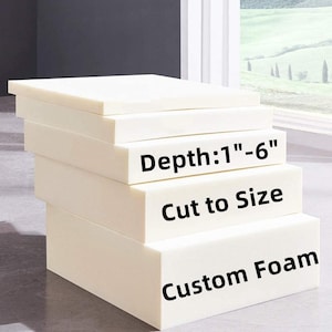 May include: A stack of custom-cut foam blocks in varying sizes. The text on the foam reads "Depth: 1"-6", Cut to Size, Custom Foam". The foam is a light cream color and appears to be stacked on a reflective surface.