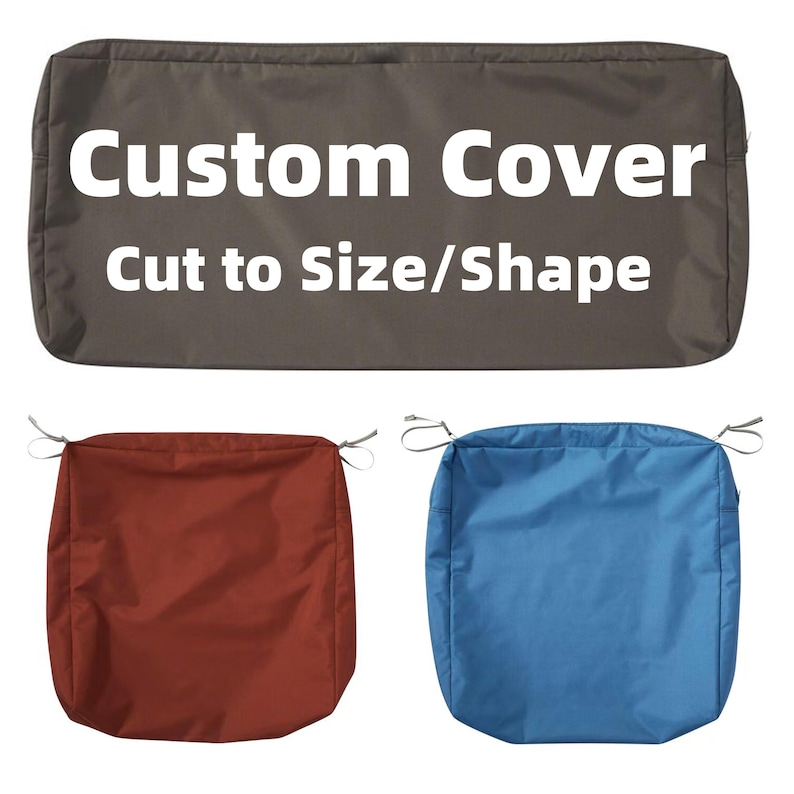 May include: The image shows a dark brown rectangular cover with the text "Custom Cover Cut to Size/Shape" in white. Below are two square covers, one in a reddish-brown colour and the other in blue. All covers have tie strings.