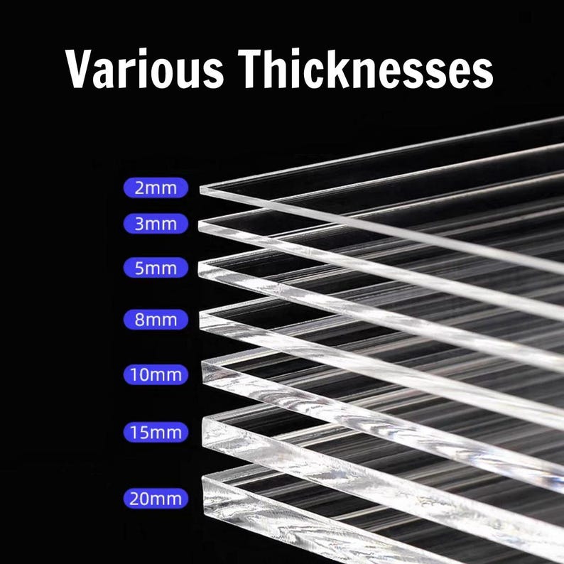 May include: Clear acrylic sheets of varying thicknesses are stacked, with labels indicating sizes from 2mm to 20mm. The text "Various Thicknesses" is displayed at the top, highlighting the product's key feature.