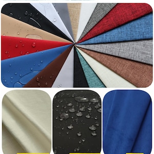 May include: A range of fabric and colour options, including red, blue, grey, and beige. The image also shows close-ups of cotton linen, waterproof, and velvet fabrics. The text "Fabric/Color Options" is at the top.