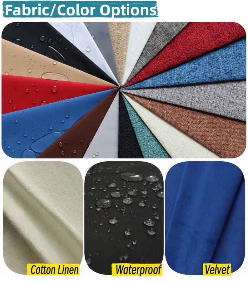 May include: A range of fabric and colour options, including red, blue, grey, and beige. The image also shows close-ups of cotton linen, waterproof, and velvet fabrics. The text "Fabric/Color Options" is at the top.