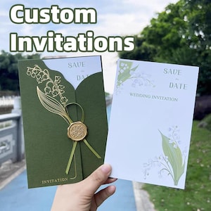 May include: Custom invitations with the text "Custom Invitations" at the top. The invitation on the left is dark green with a gold floral design and a gold seal. The invitation on the right is white with a floral design and the text "Save the Date".