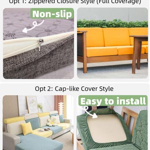 May include: Image demonstrating two sofa cover styles. The first is a zippered closure style, described as non-slip. The second is a cap-like cover style, noted as easy to install. Examples of each style are shown on different sofas.
