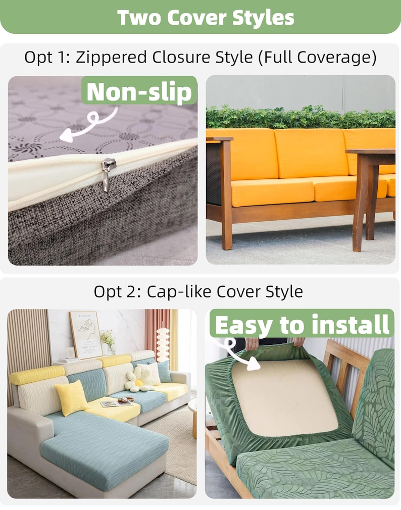 May include: Image demonstrating two sofa cover styles. The first is a zippered closure style, described as non-slip. The second is a cap-like cover style, noted as easy to install. Examples of each style are shown on different sofas.