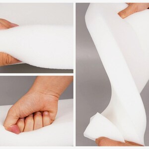 May include: Close-up shots of white foam material being manipulated by hands. The foam is shown being compressed, bent, and stretched, highlighting its flexibility and softness. The material appears to be a dense, yet pliable, substance.