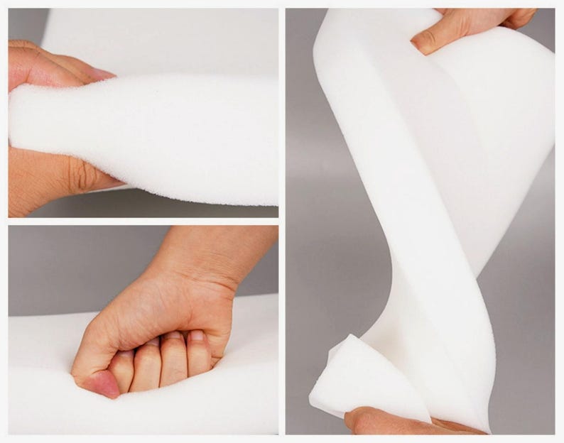 May include: Close-up shots of white foam material being manipulated by hands. The foam is shown being compressed, bent, and stretched, highlighting its flexibility and softness. The material appears to be a dense, yet pliable, substance.