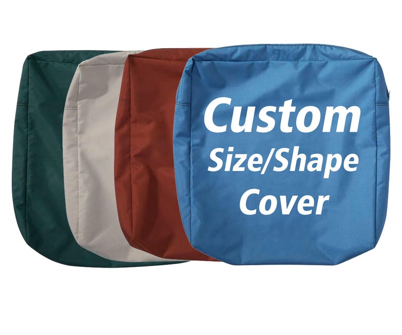 May include: Four custom covers in dark green, beige, rust, and blue. The blue cover has the text "Custom Size/Shape Cover" in white. These covers are designed for bespoke sizes and shapes.