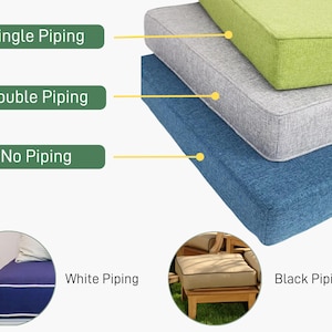 May include: Three stacked outdoor cushions in blue, grey, and green. The image highlights different piping options: single, double, and no piping. Additional images show cushions with white and black piping.