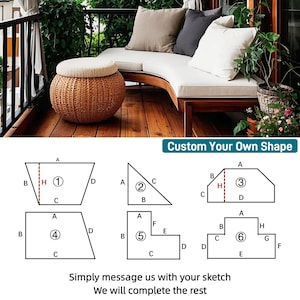 May include: A woven rattan ottoman with a cream cushion sits on a wooden deck next to a curved outdoor sofa with white cushions and throw pillows. Diagrams for custom shapes are also shown.
