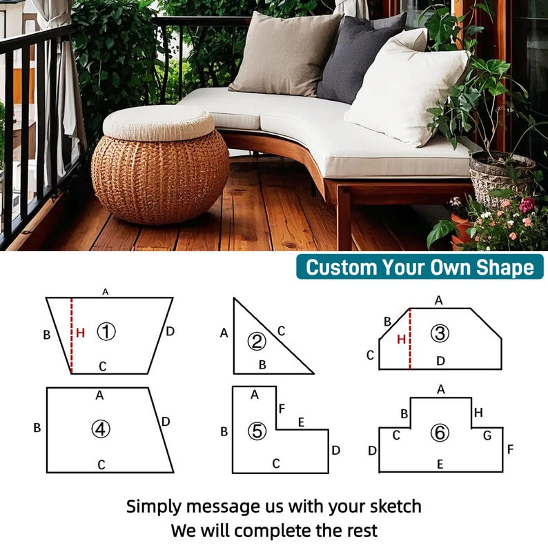 May include: A woven rattan ottoman with a cream cushion sits on a wooden deck next to a curved outdoor sofa with white cushions and throw pillows. Diagrams for custom shapes are also shown.