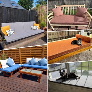 May include: A selection of garden furniture, including a grey cushioned sofa with yellow and patterned cushions, a wooden bench with pink cushions and pillows, and a blue cushioned seating set with a coffee table.