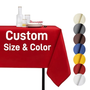 May include: A red rectangular tablecloth with the text "Custom Size & Color" in white. The image also shows a selection of colour swatches and a table setting with plates, glasses, and a bottle.