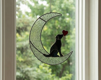 Stained Glass Black Dog Suncatcher, Moon Star Gift, Dog on Moon gifts, Home Decor T4