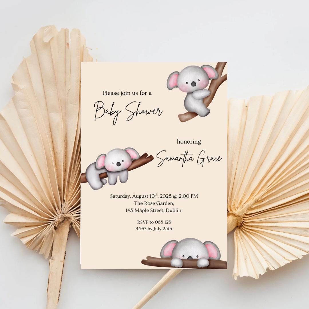 Editable Koala Baby Shower Invitation Template - Cute Gender Neutral ...