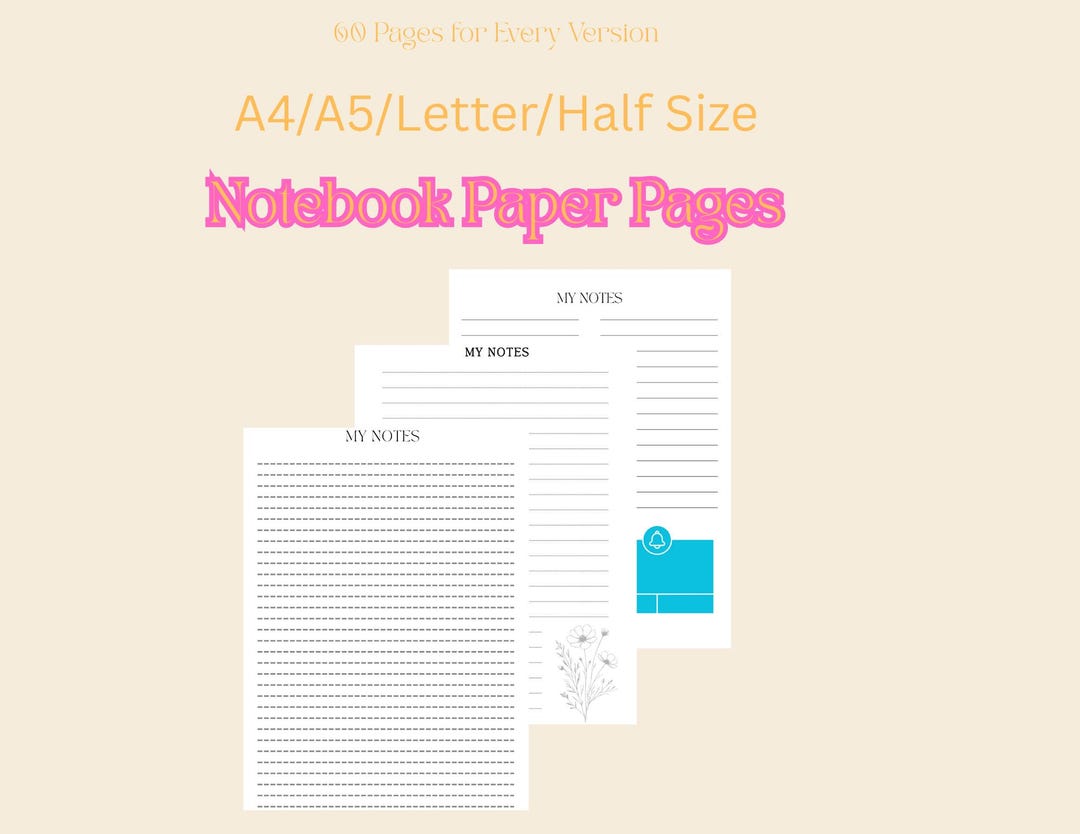 480 Printable Notebook Paper Templates Pack — A4 A5 Letter And Half 