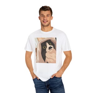 Whimsical cat t-shirts, cute cat t-shirts, black and white long-haired cat illustration t-shirts, fluffy cat designs, stylish cat goods