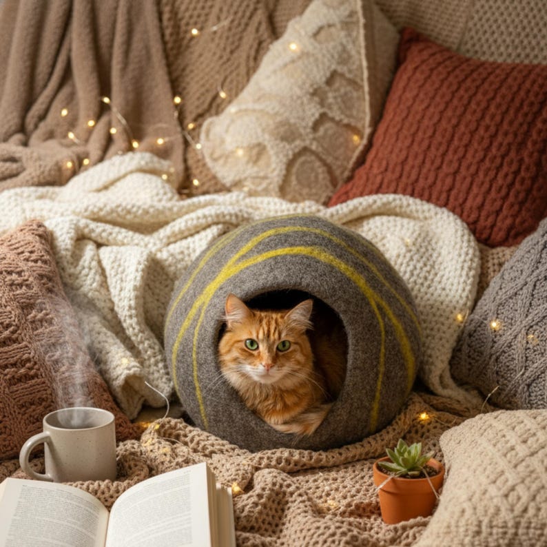 May include: An orange cat rests inside a gray and yellow striped cat bed. The cat bed is surrounded by pillows, blankets, a cup of coffee, an open book, and a small potted plant. The scene is cozy and inviting.