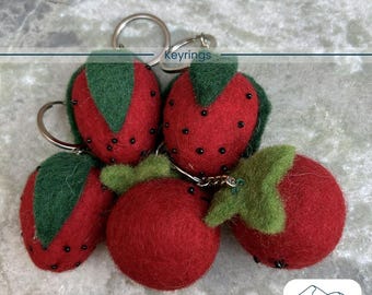Handmade Felt Fruit Keyring Set: Wool Apple and Strawberry Charm