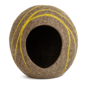 May include: A brown pet bed with a round shape and a large opening. The bed is decorated with yellow stripes that run vertically along the exterior. The interior is dark, creating a cozy space for a small animal.