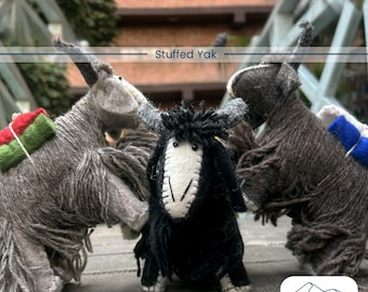 Wool Felt Yak Figurine Set in Brown Grey Handmade Stuffed Animal Decor Trio