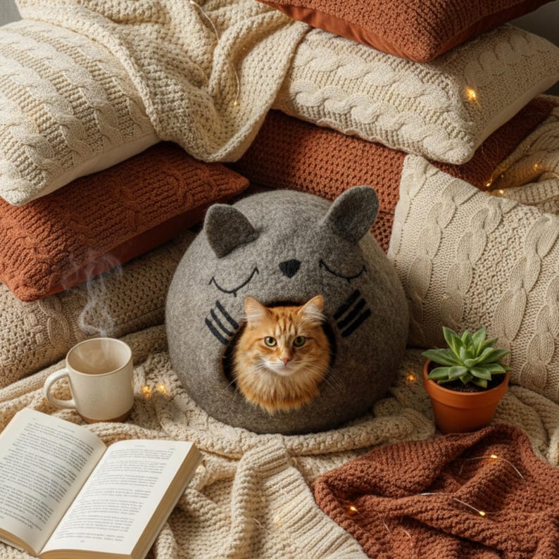 May include: A cozy scene featuring a gray cat bed shaped like a cat's head, with an orange cat inside. Surrounding the bed are cream and rust-colored pillows and blankets. A cup of coffee and a book are also present.