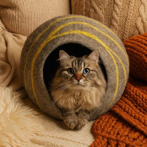 May include: A fluffy cat with blue eyes sits inside a gray cat bed with yellow stripes. The cat bed is round and made of felt. The cat is brown and white with long fur. The background includes a knitted orange scarf and beige pillows.