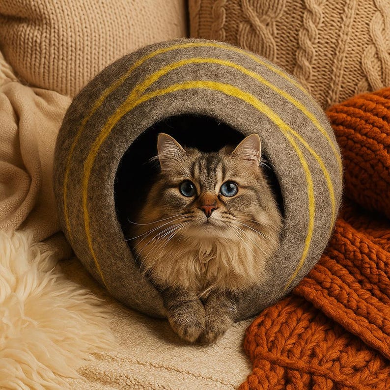 May include: A fluffy cat with blue eyes sits inside a gray cat bed with yellow stripes. The cat bed is round and made of felt. The cat is brown and white with long fur. The background includes a knitted orange scarf and beige pillows.