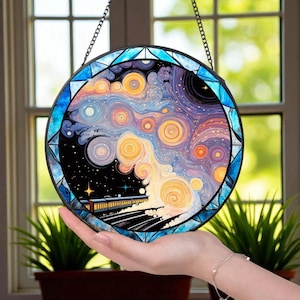 Handcrafted Galaxy Train Glass Suncatcher, Starry Night-Inspired Window Art, Gift for Explorers & Space Lovers, Celestial Decor P166972LV