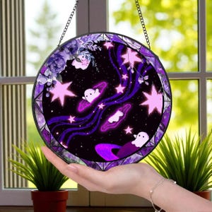 Handcrafted Ghost Glass Suncatcher, Galaxy-Inspired Halloween Window Art, Whimsical Gift for Spooky Lovers, Ghostly CosmicDecor P224447LV