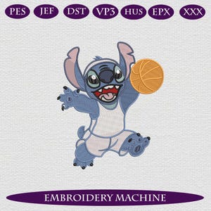 Basketball Fun Embroidery Design – Playful Stitch Character with Basketball Embroidery Design – Digital Machine Embroidery File